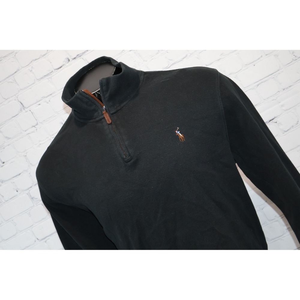 Polo Ralph Lauren Pullover Mens XL Black Estate Rib 1/4 Leather Zip Sweater **